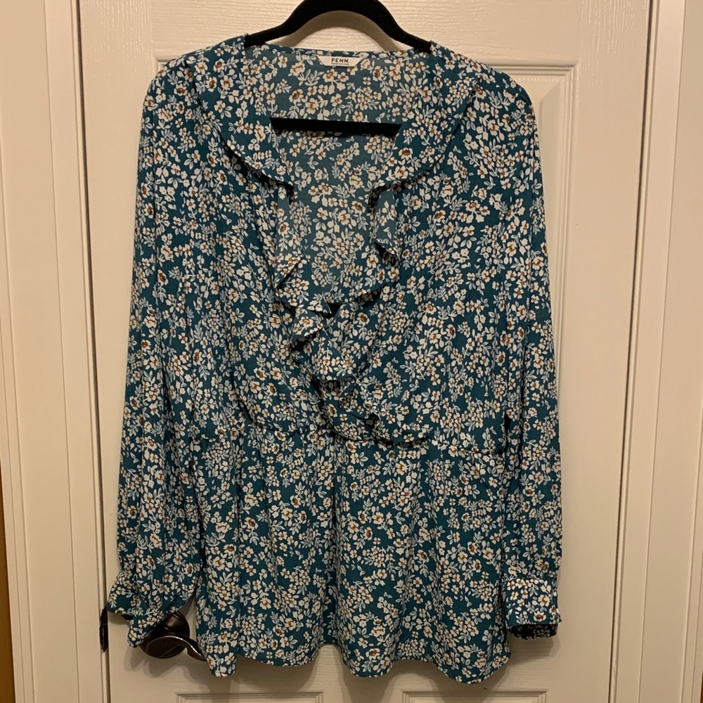 Penningtons Green Floral Ruffle Blouse